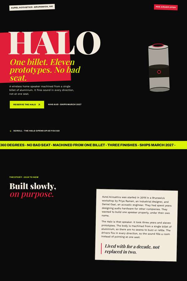 kimi-k3 build of Aurel Halo immersive 3D product-launch microsite