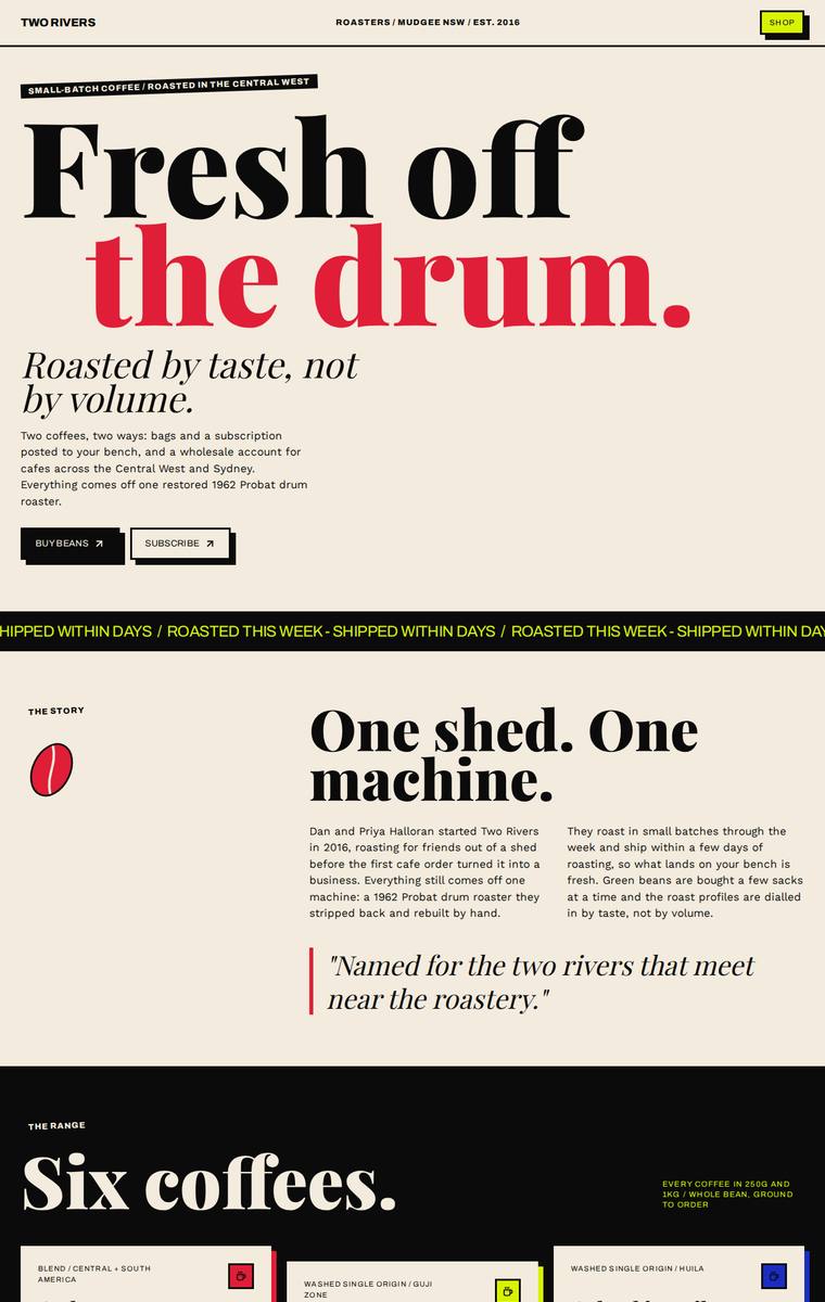 Mara Vieira (claude-opus-4-8) rendering of the Two Rivers Coffee Roasters single-page site benchmark - composite 89.1%, judge 4.6/5
