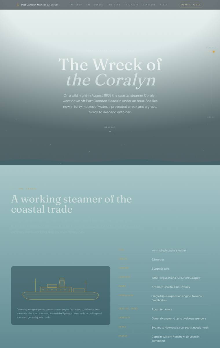 Mara Vieira (claude-opus-4-8) webdesign output - The Wreck of the Coralyn maritime museum microsite