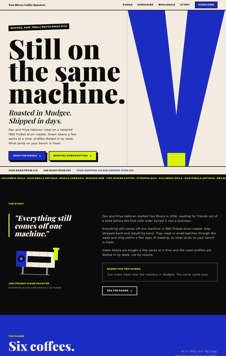 Mara Vieira (claude-sonnet-4-6) rendering of the Two Rivers Coffee Roasters single-page site benchmark - composite 92.2%, judge 4.7/5
