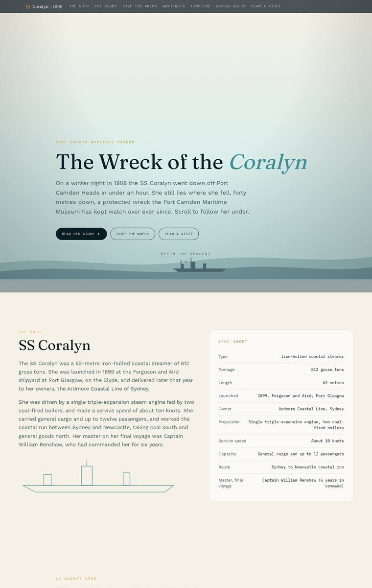 Mara Vieira (claude-sonnet-5) webdesign output - The Wreck of the Coralyn maritime museum microsite