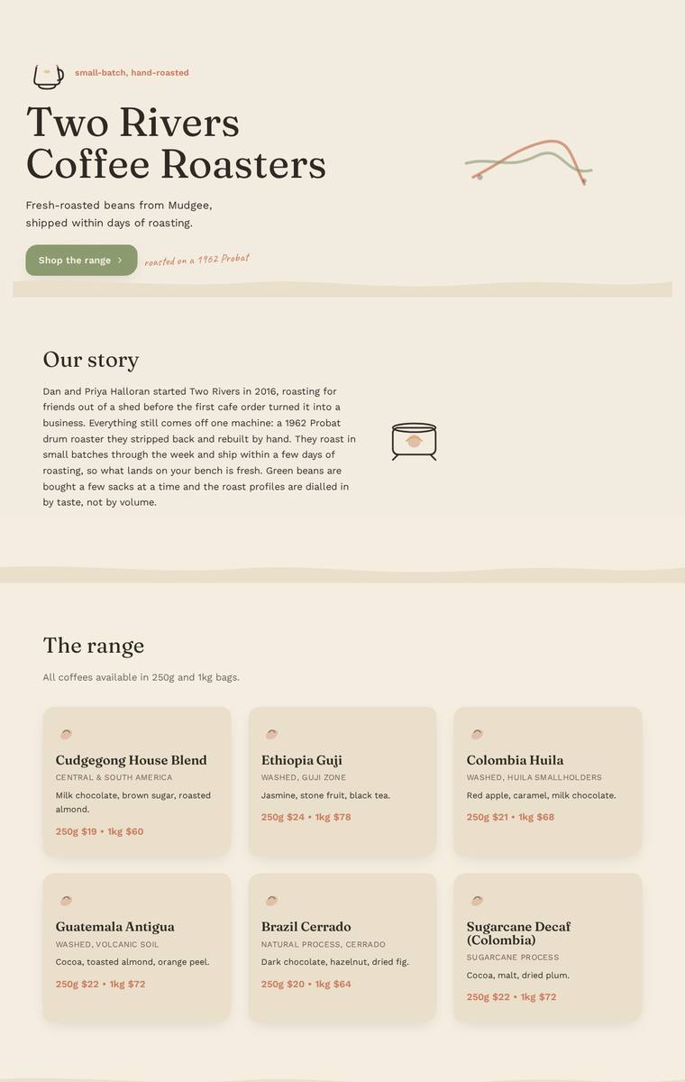 Noor El-Amin (deepseek-v4-flash) rendering of the Two Rivers Coffee Roasters single-page site benchmark - composite 75.0%, judge 4.0/5