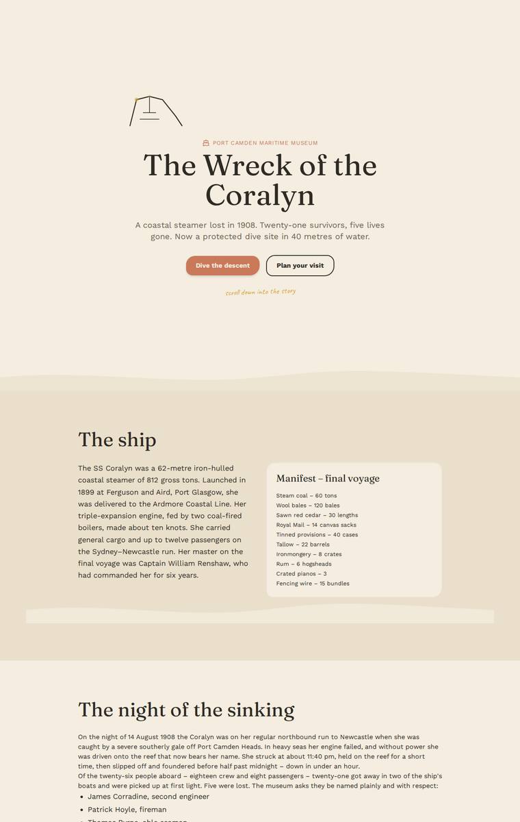 Noor El-Amin (deepseek-v4-flash) webdesign output - The Wreck of the Coralyn maritime museum microsite