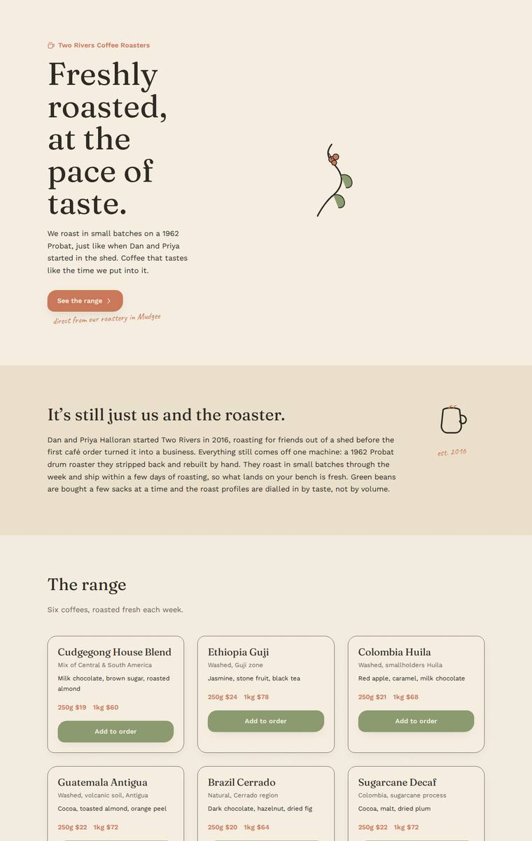 Noor El-Amin (deepseek-v4-pro) rendering of the Two Rivers Coffee Roasters single-page site benchmark - composite 84.4%, judge 4.4/5