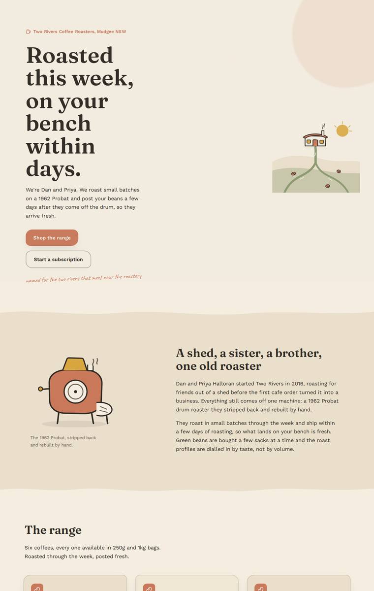 Noor El-Amin (claude-fable-5) rendering of the Two Rivers Coffee Roasters single-page site benchmark - composite 87.5%, judge 4.5/5
