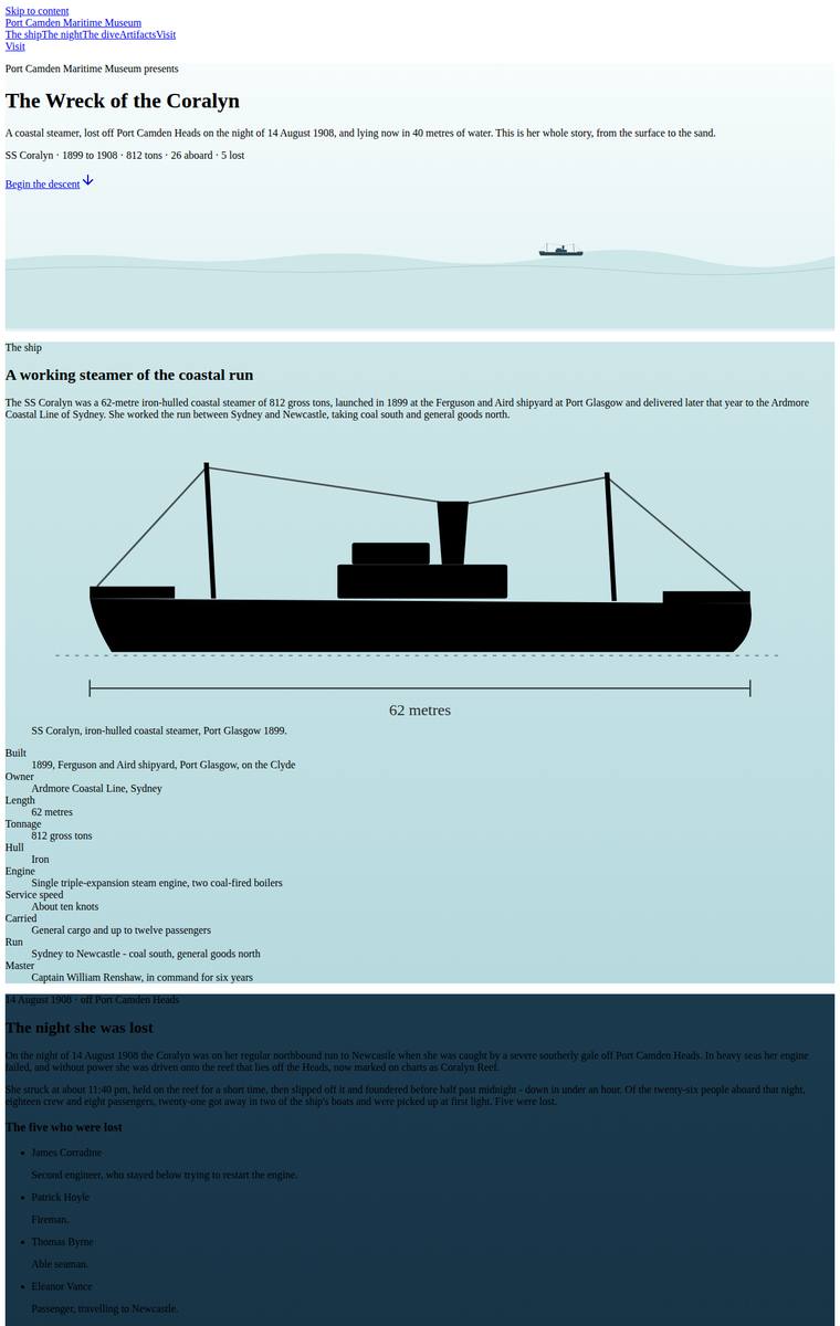 Noor El-Amin (claude-fable-5) webdesign output - The Wreck of the Coralyn maritime museum microsite