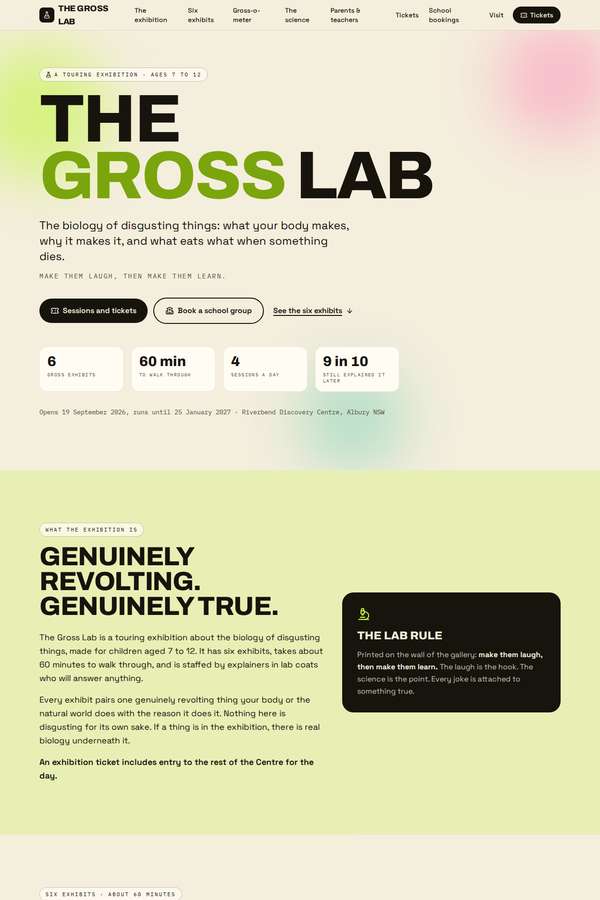 claude-fable-5 build of The Gross Lab children's museum exhibition companion site