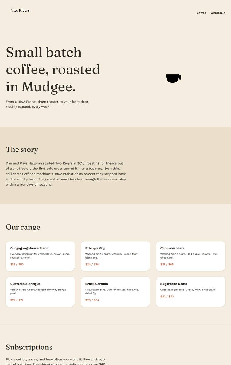 Noor El-Amin (gemini-3.1-flash-lite) rendering of the Two Rivers Coffee Roasters single-page site benchmark - composite 40.6%, judge 2.6/5