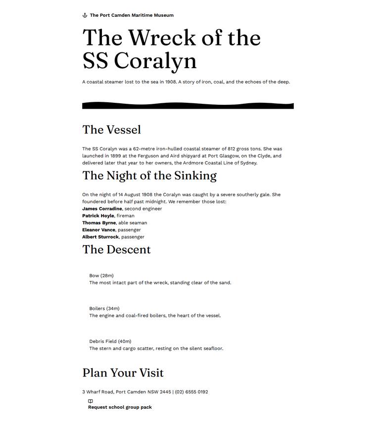 Noor El-Amin (gemini-3.1-flash-lite) webdesign output - The Wreck of the Coralyn maritime museum microsite