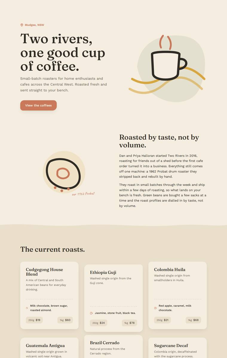 Noor El-Amin (gemini-3.1-pro-preview) rendering of the Two Rivers Coffee Roasters single-page site benchmark - composite 84.4%, judge 4.4/5