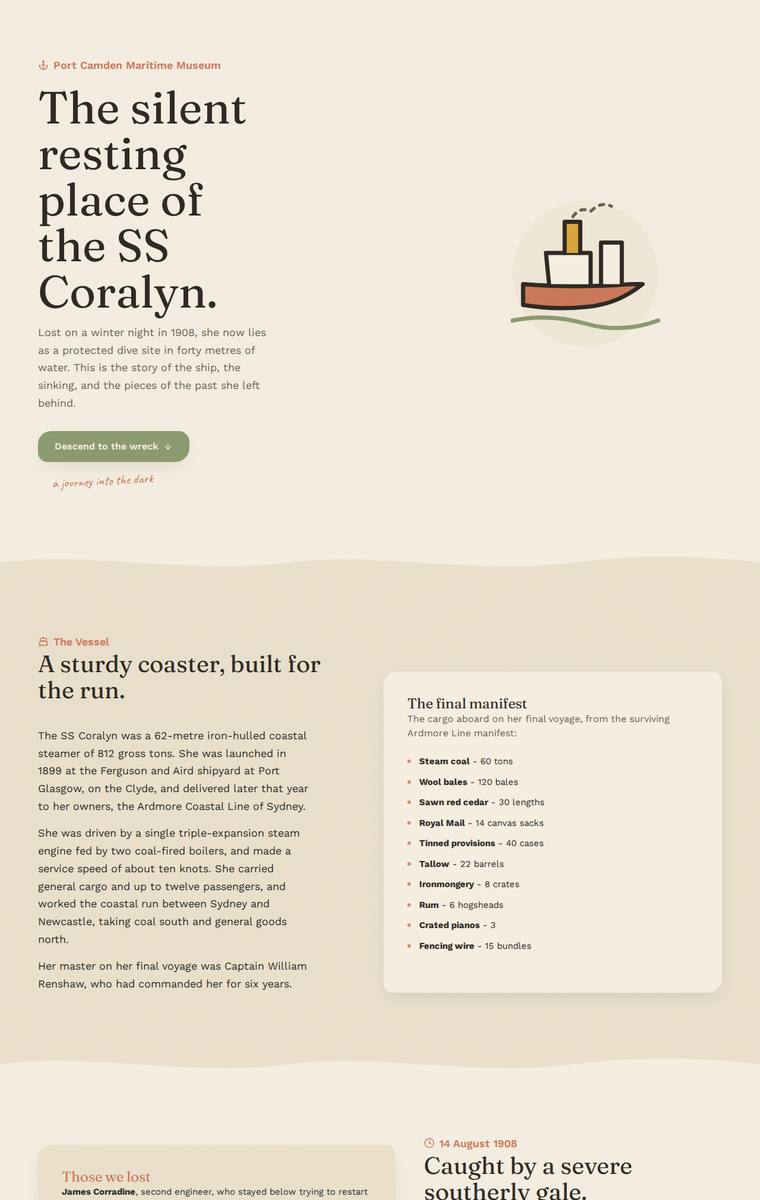 Noor El-Amin (gemini-3.1-pro-preview) webdesign output - The Wreck of the Coralyn maritime museum microsite