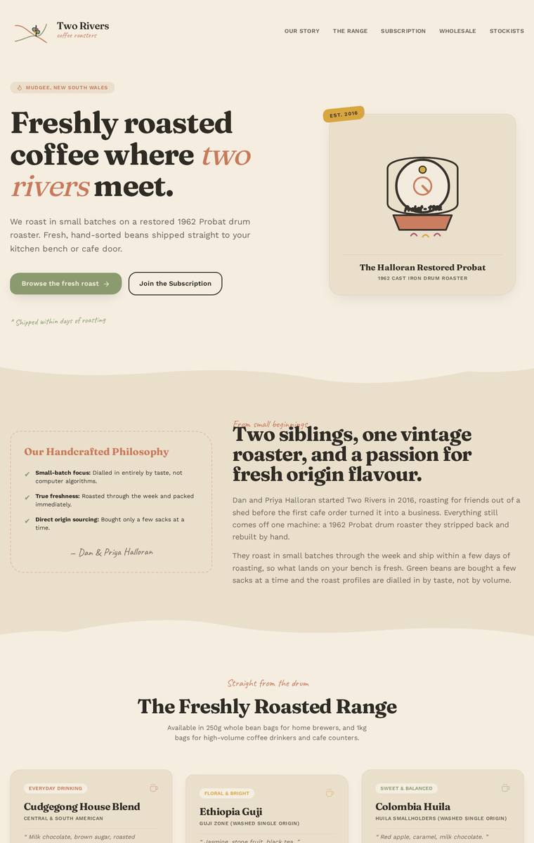 Noor El-Amin (gemini-3.5-flash) rendering of the Two Rivers Coffee Roasters single-page site benchmark - composite 89.1%, judge 4.6/5