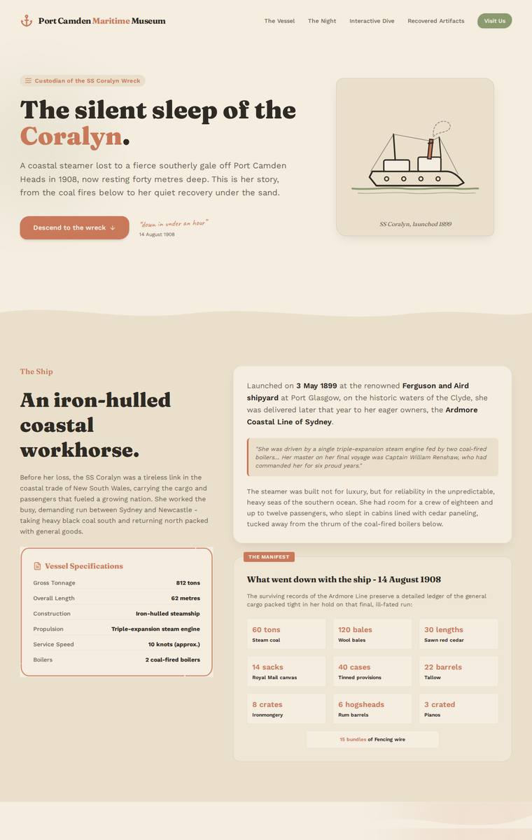 Noor El-Amin (gemini-3.5-flash) webdesign output - The Wreck of the Coralyn maritime museum microsite