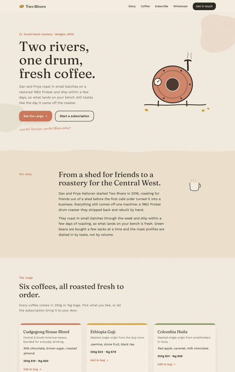 Noor El-Amin (glm-5.2) rendering of the Two Rivers Coffee Roasters single-page site benchmark - composite 39.1%, judge 2.6/5