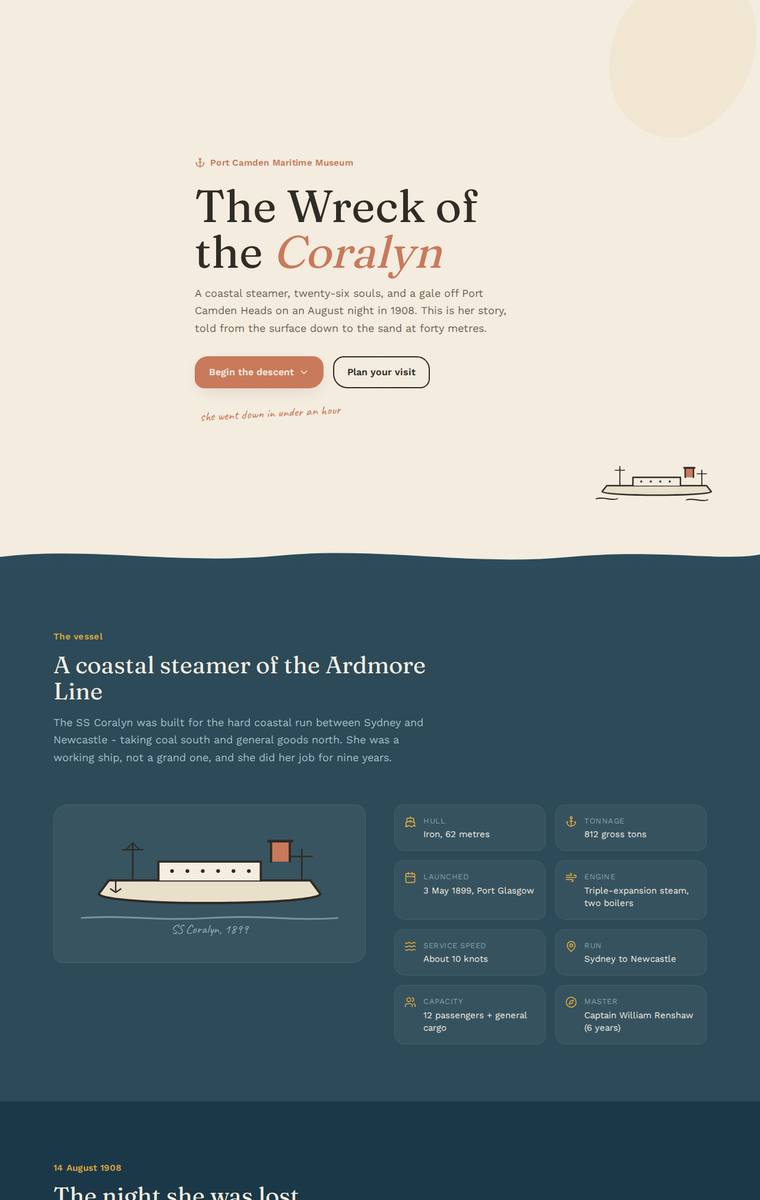 Noor El-Amin (glm-5.2) webdesign output - The Wreck of the Coralyn maritime museum microsite