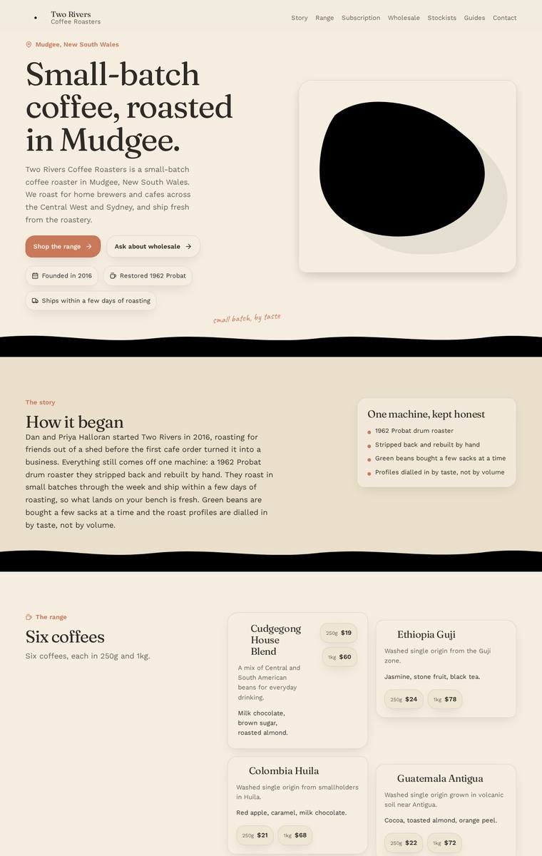 Noor El-Amin (gpt-5.4-mini) rendering of the Two Rivers Coffee Roasters single-page site benchmark - composite 68.8%, judge 3.8/5