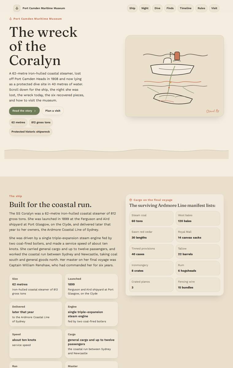 Noor El-Amin (gpt-5.4-mini) webdesign output - The Wreck of the Coralyn maritime museum microsite
