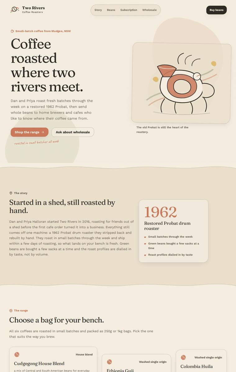 Noor El-Amin (gpt-5.5) rendering of the Two Rivers Coffee Roasters single-page site benchmark - composite 89.1%, judge 4.6/5