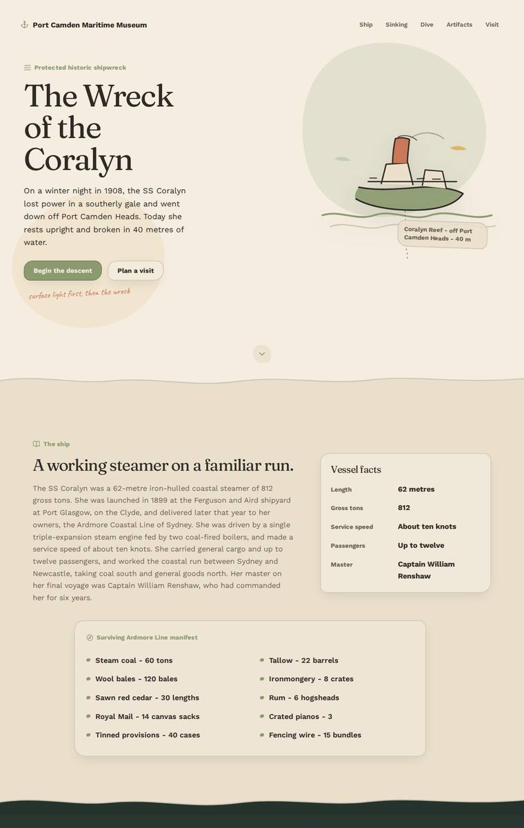 Noor El-Amin (gpt-5.5) webdesign output - The Wreck of the Coralyn maritime museum microsite