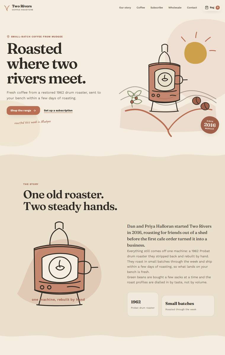 Noor El-Amin (gpt-5.6-sol) rendering of the Two Rivers Coffee Roasters single-page site benchmark - composite 82.8%, judge 4.3/5