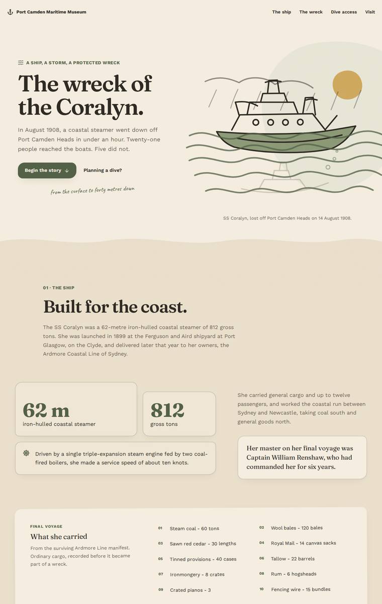 Noor El-Amin (gpt-5.6-sol) webdesign output - The Wreck of the Coralyn maritime museum microsite