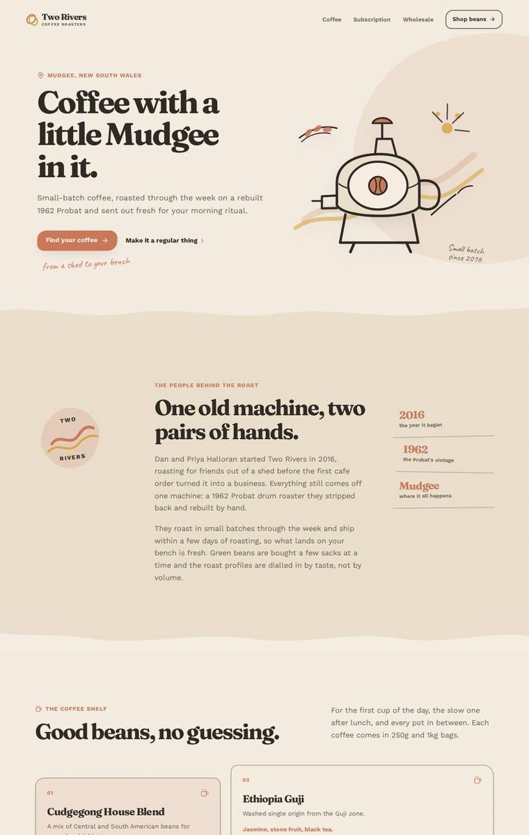 Noor El-Amin (gpt-5.6-terra) webdesign output - Two Rivers Coffee Roasters single-page site