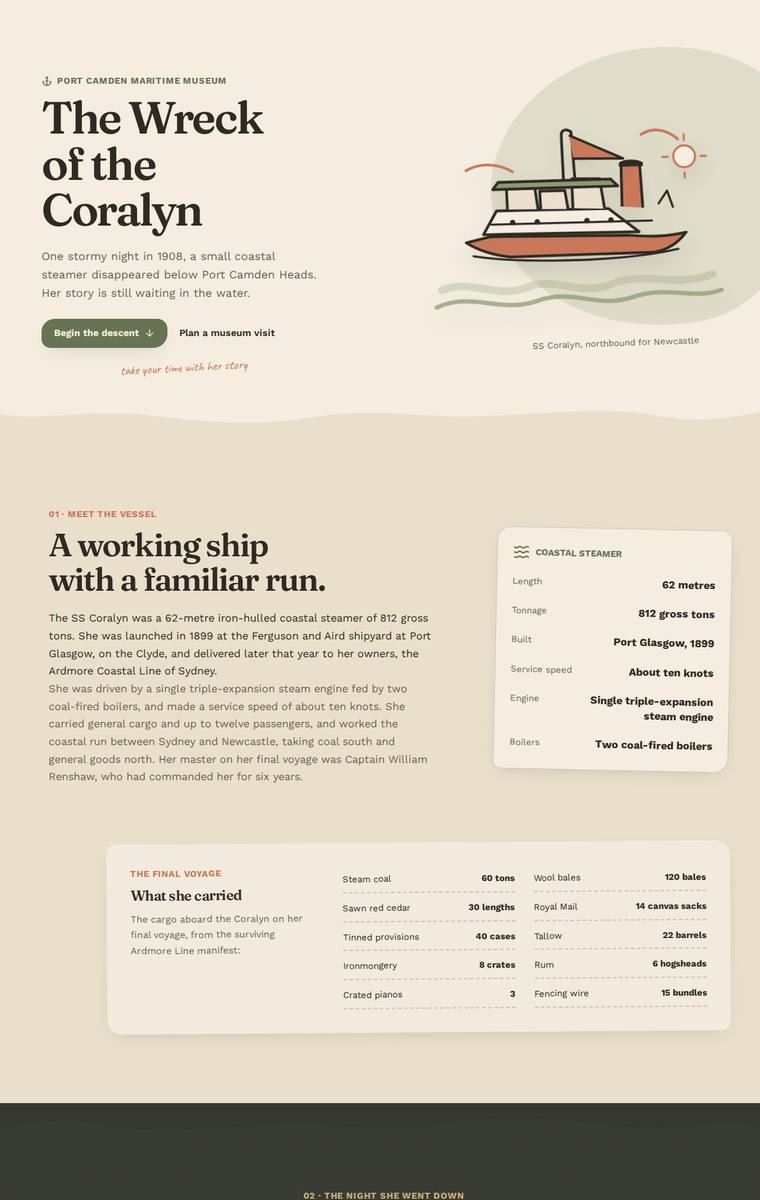 Noor El-Amin (gpt-5.6-terra) webdesign output - The Wreck of the Coralyn maritime museum microsite