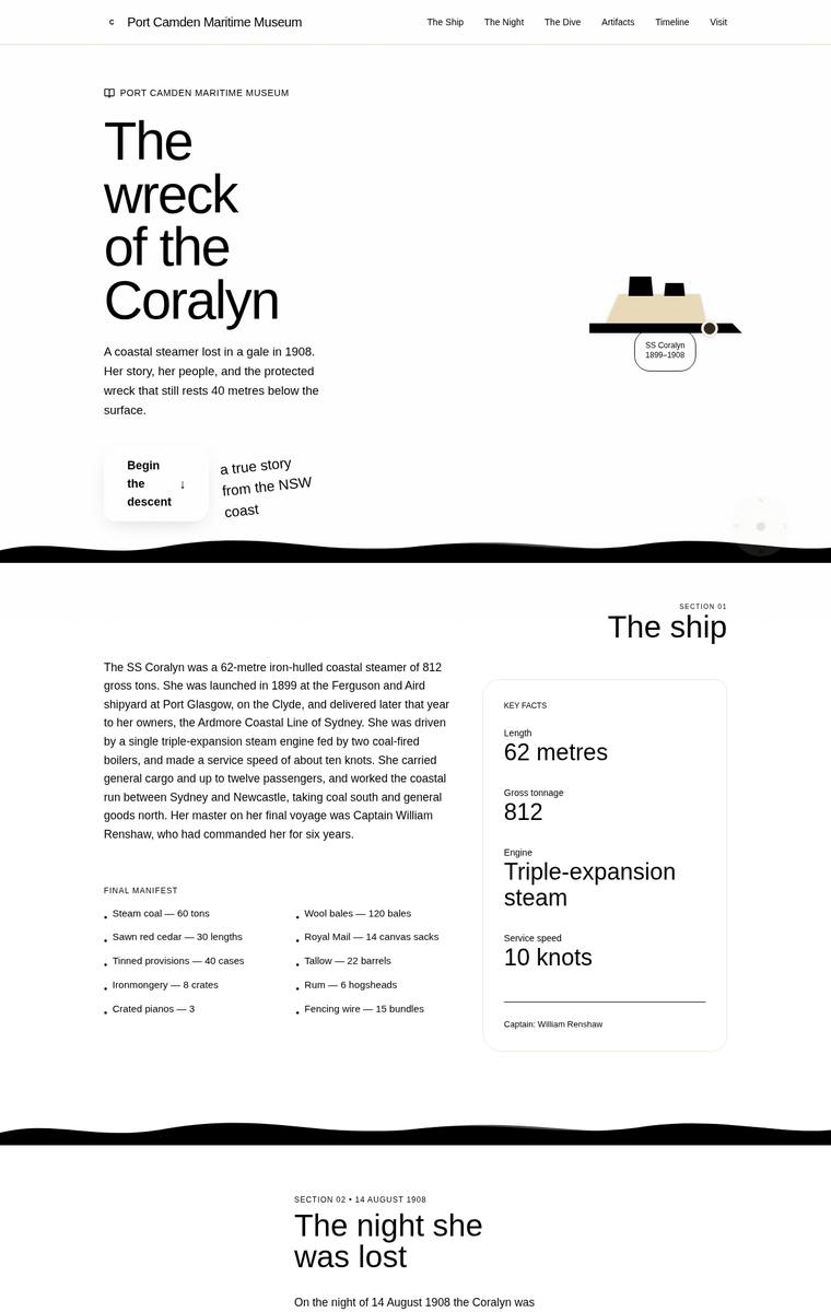 Noor El-Amin (grok-4.20-reasoning) rendering of the The Wreck of the Coralyn maritime museum microsite benchmark - composite 54.7%, judge 3.2/5