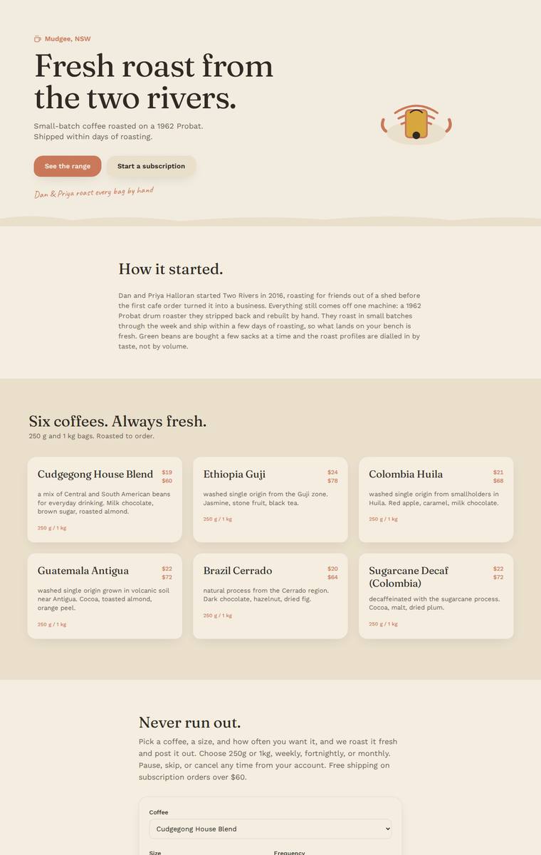 Noor El-Amin (grok-4.3) rendering of the Two Rivers Coffee Roasters single-page site benchmark - composite 76.6%, judge 4.1/5