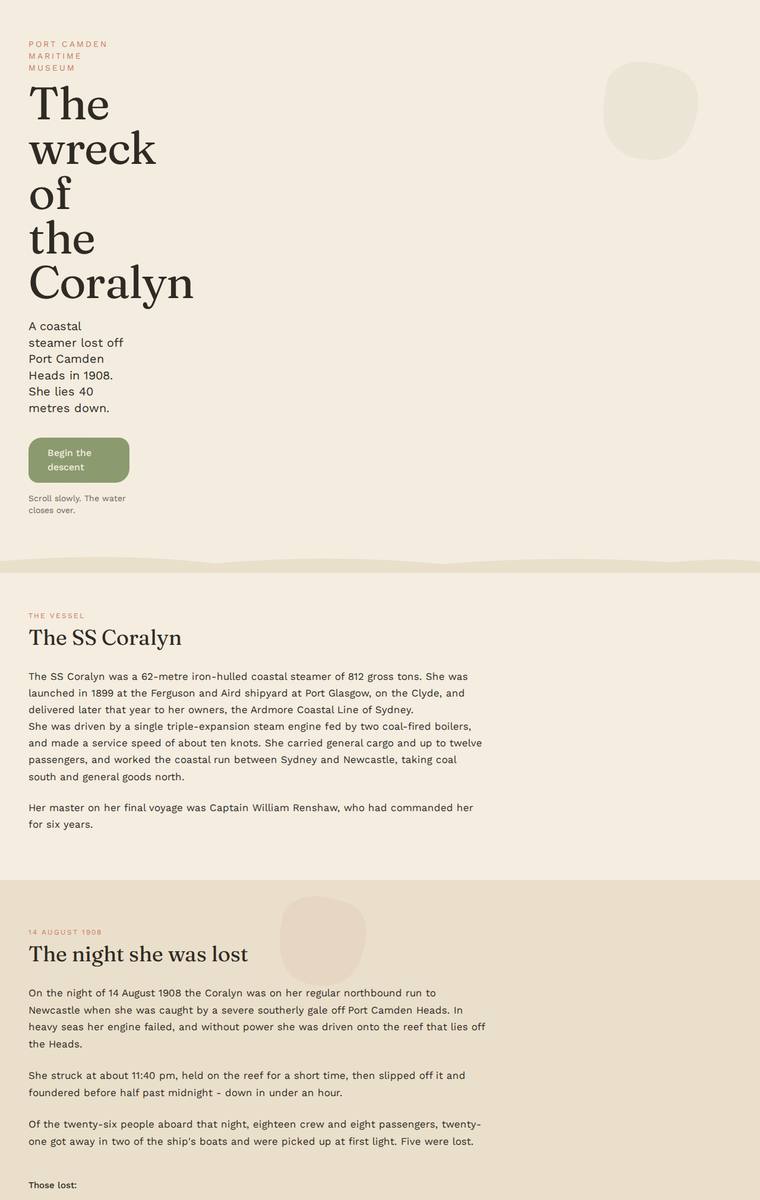 Noor El-Amin (grok-4.3) webdesign output - The Wreck of the Coralyn maritime museum microsite