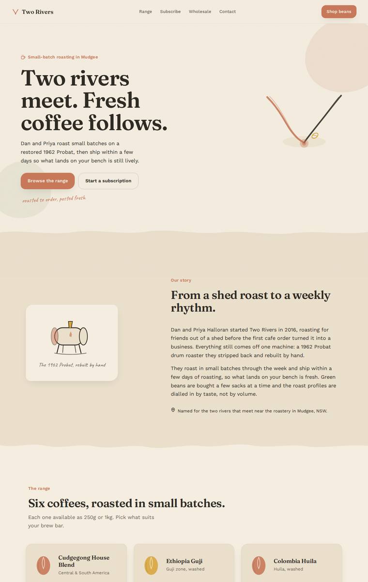 Noor El-Amin (grok-4.5) rendering of the Two Rivers Coffee Roasters single-page site benchmark - composite 84.4%, judge 4.4/5
