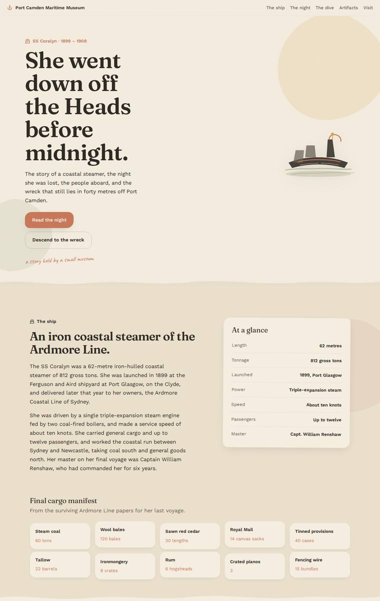 Noor El-Amin (grok-4.5) webdesign output - The Wreck of the Coralyn maritime museum microsite
