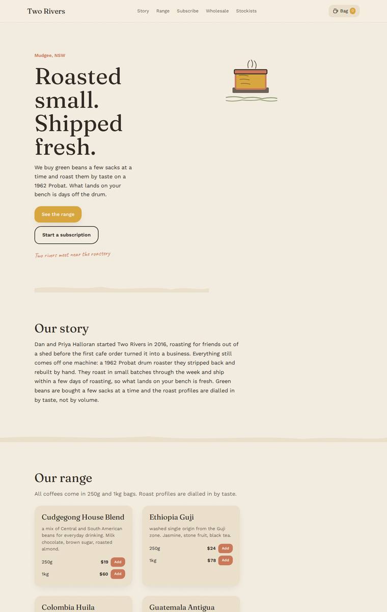 Noor El-Amin (grok-build-0.1) rendering of the Two Rivers Coffee Roasters single-page site benchmark - composite 75.0%, judge 4.0/5