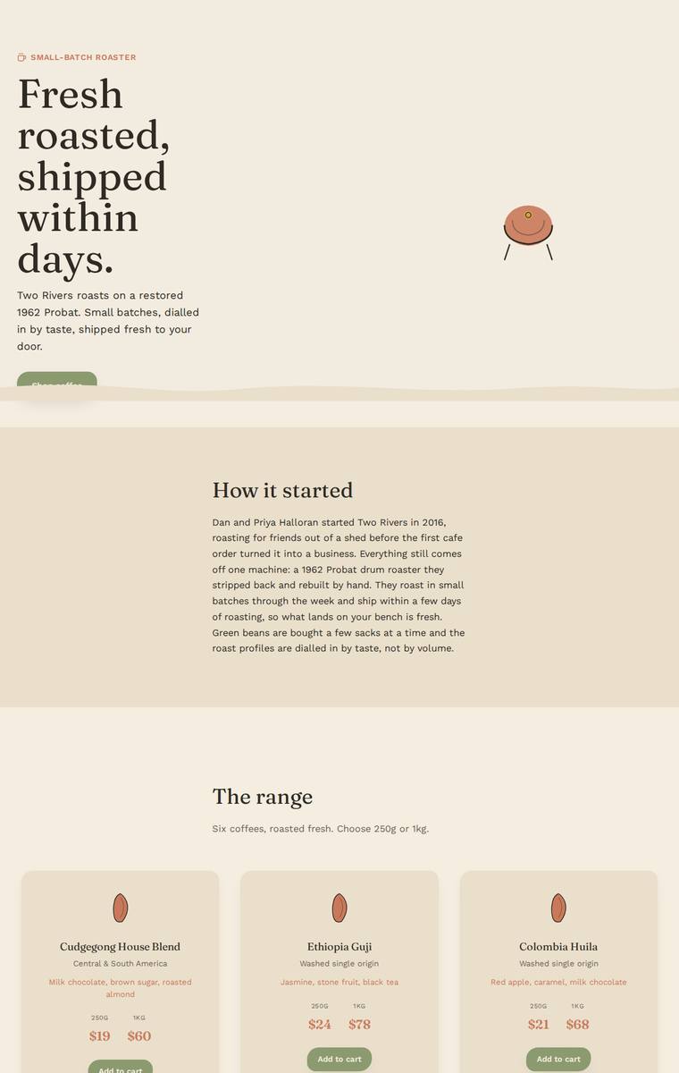 Noor El-Amin (claude-haiku-4-5) rendering of the Two Rivers Coffee Roasters single-page site benchmark - composite 45.3%, judge 2.8/5