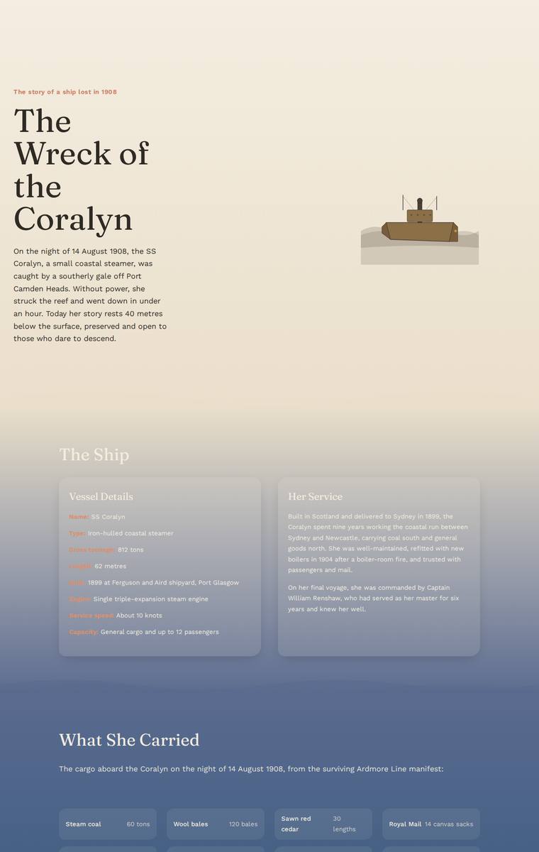 Noor El-Amin (claude-haiku-4-5) rendering of the The Wreck of the Coralyn maritime museum microsite benchmark - composite 67.2%, judge 3.7/5