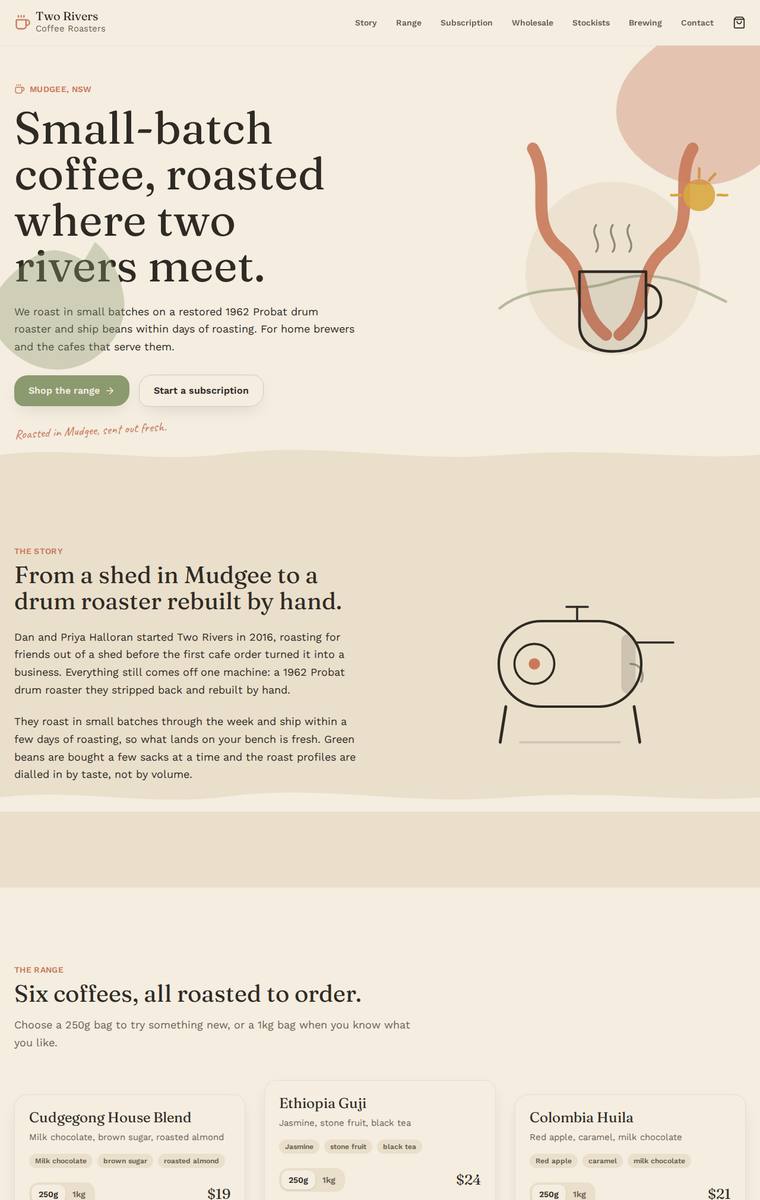 Noor El-Amin (kimi-k2.7-code) rendering of the Two Rivers Coffee Roasters single-page site benchmark - composite 82.8%, judge 4.3/5