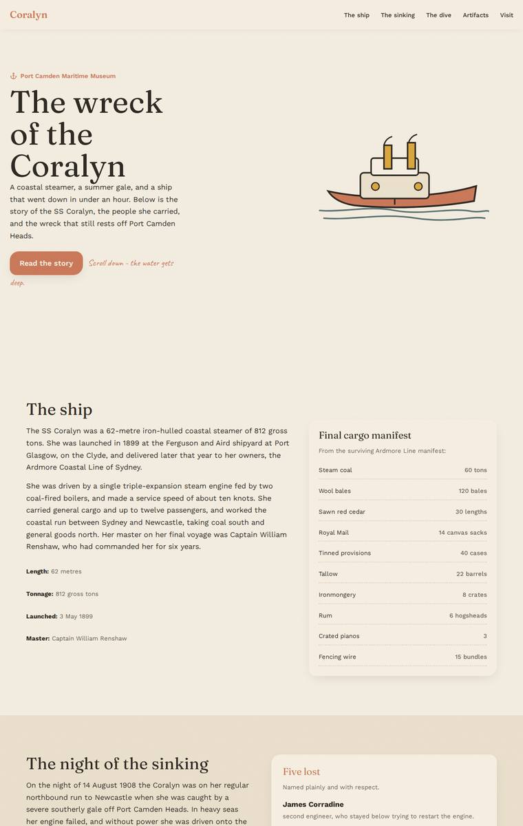 Noor El-Amin (kimi-k2.7-code) webdesign output - The Wreck of the Coralyn maritime museum microsite