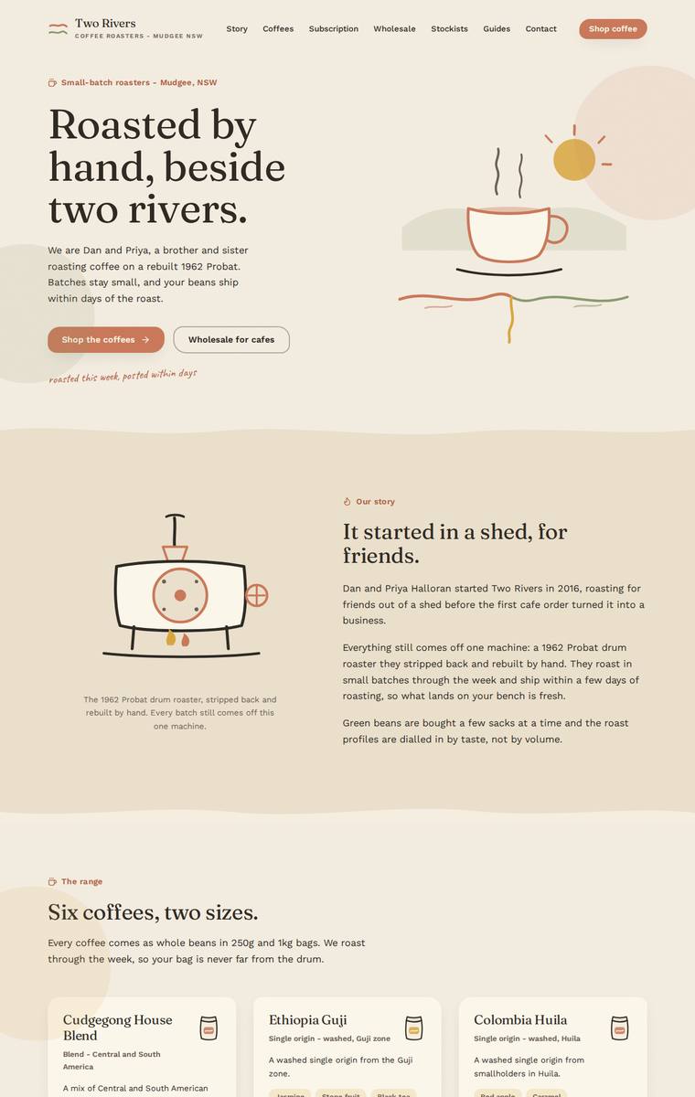 Noor El-Amin (kimi-k3) rendering of the Two Rivers Coffee Roasters single-page site benchmark - composite 84.4%, judge 4.4/5