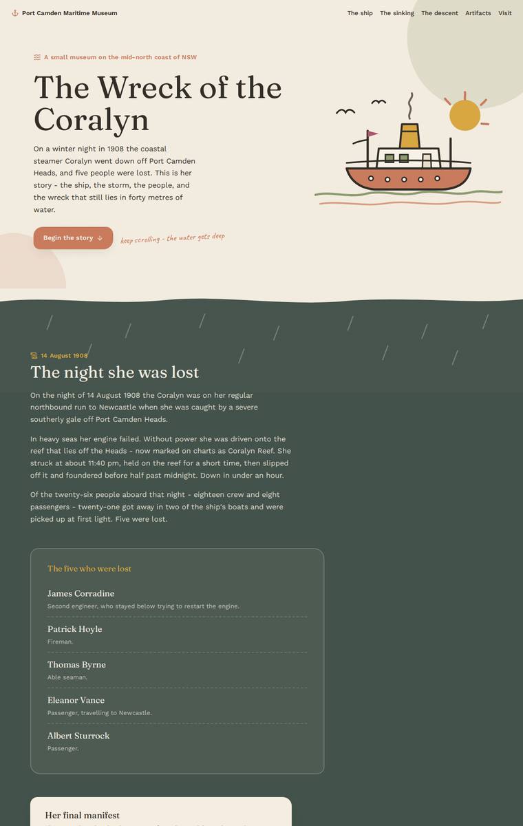 Noor El-Amin (kimi-k3) webdesign output - The Wreck of the Coralyn maritime museum microsite
