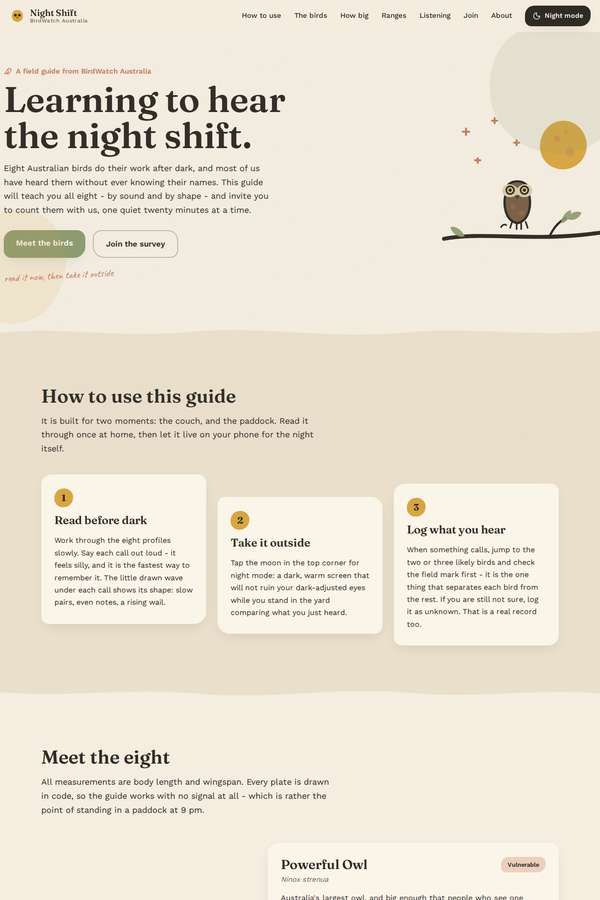 kimi-k3 build of Night Shift nocturnal bird field guide