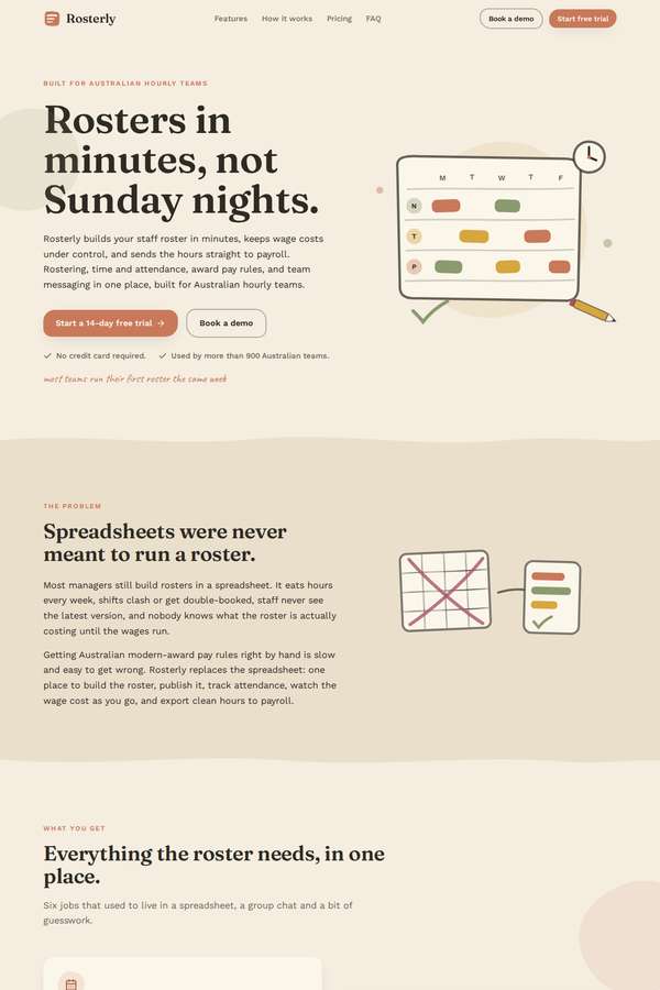 kimi-k3 build of Rosterly workforce shift-scheduling SaaS marketing site