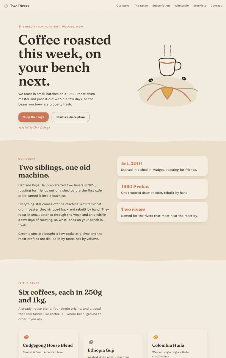 Noor El-Amin (claude-opus-4-8) rendering of the Two Rivers Coffee Roasters single-page site benchmark - composite 87.5%, judge 4.5/5