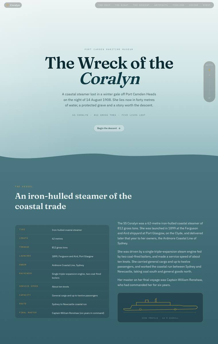 Noor El-Amin (claude-opus-4-8) webdesign output - The Wreck of the Coralyn maritime museum microsite