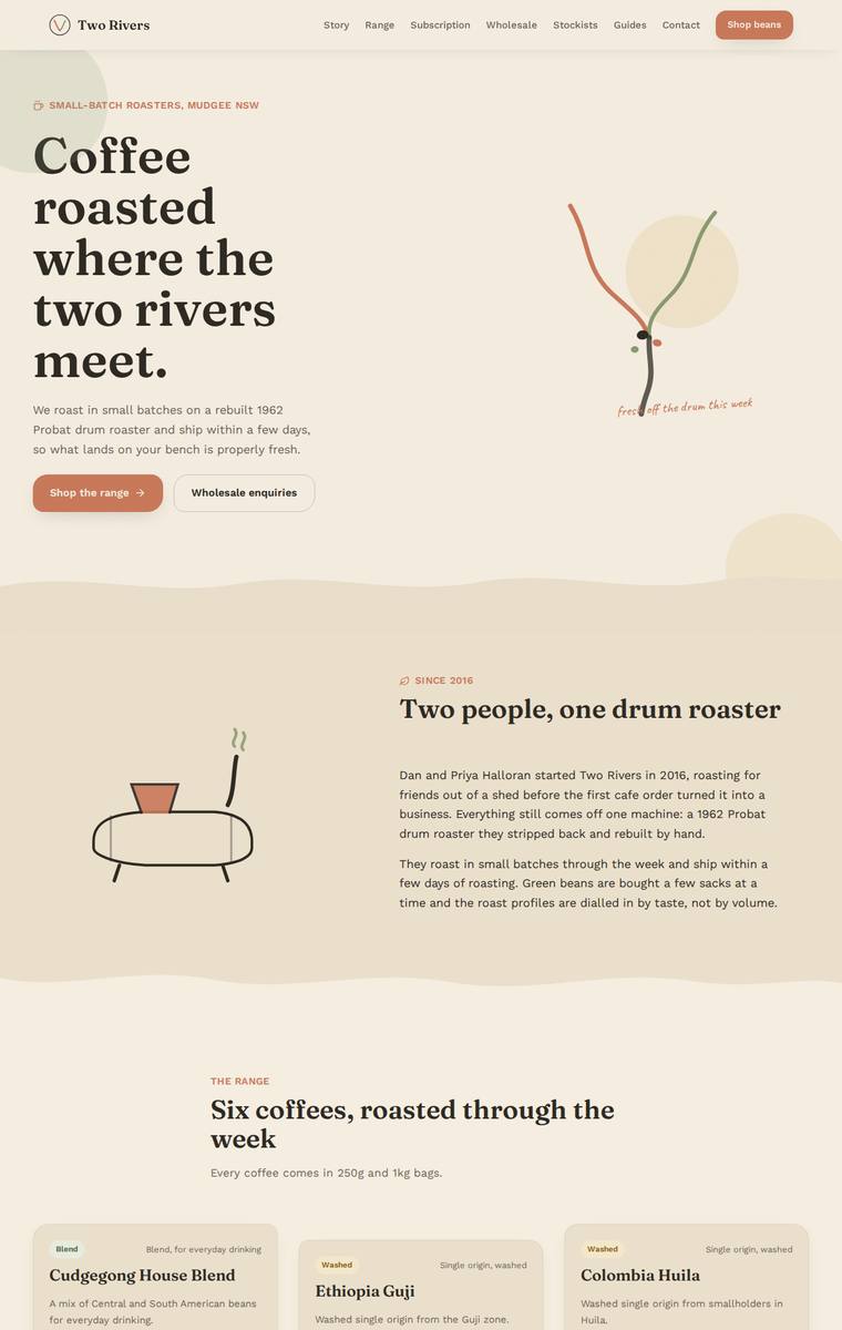 Noor El-Amin (claude-sonnet-5) webdesign output - Two Rivers Coffee Roasters single-page site