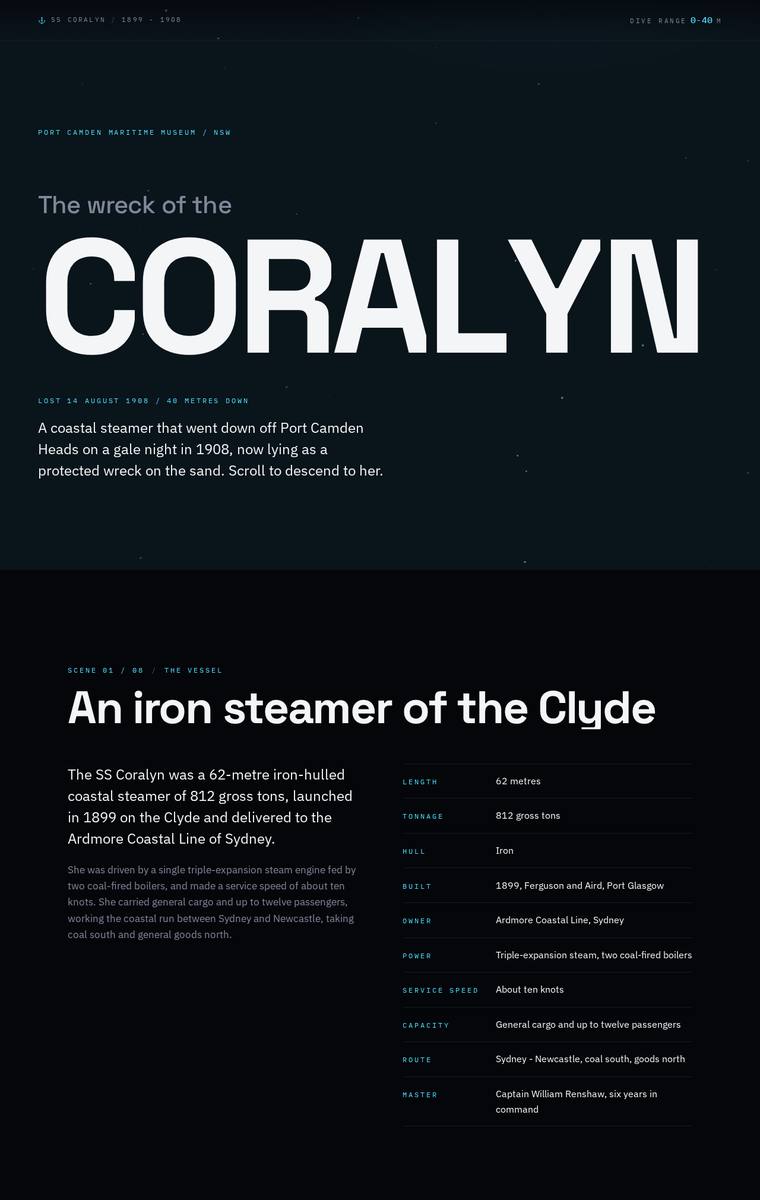 Noor El-Amin (claude-sonnet-5) webdesign output - The Wreck of the Coralyn maritime museum microsite