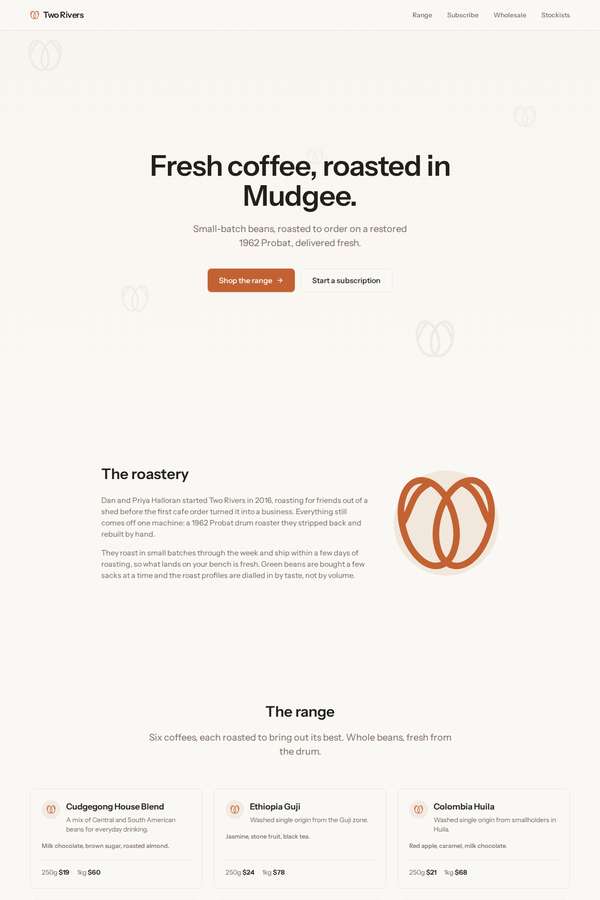 deepseek-v4-pro build of Two Rivers Coffee Roasters single-page site