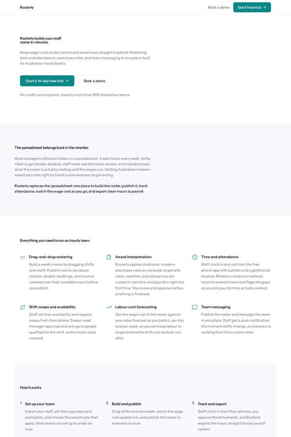 deepseek-v4-pro build of Rosterly workforce shift-scheduling SaaS marketing site