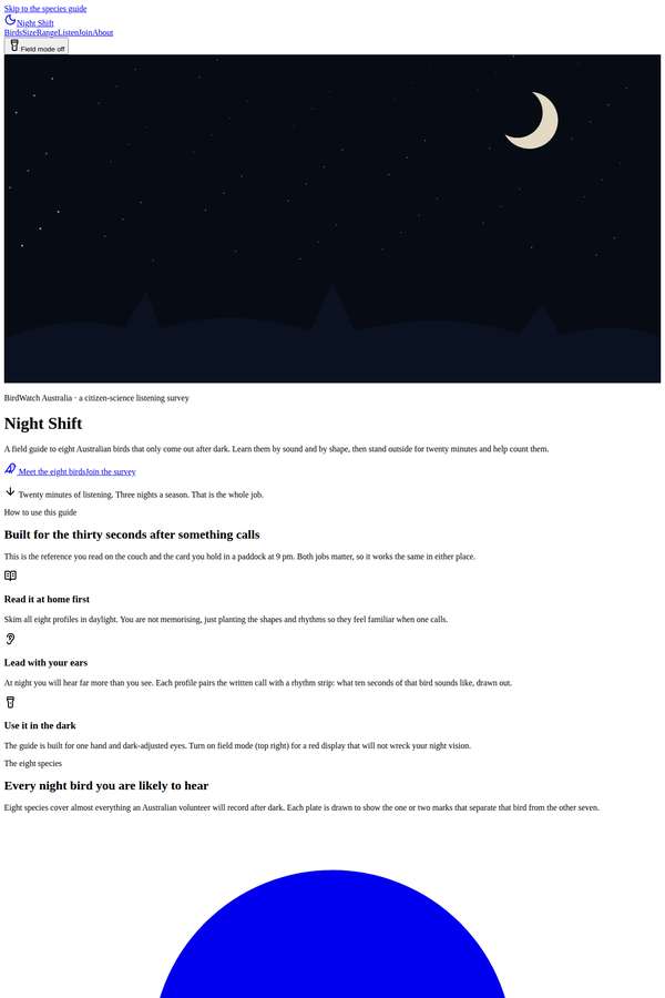 claude-fable-5 build of Night Shift nocturnal bird field guide