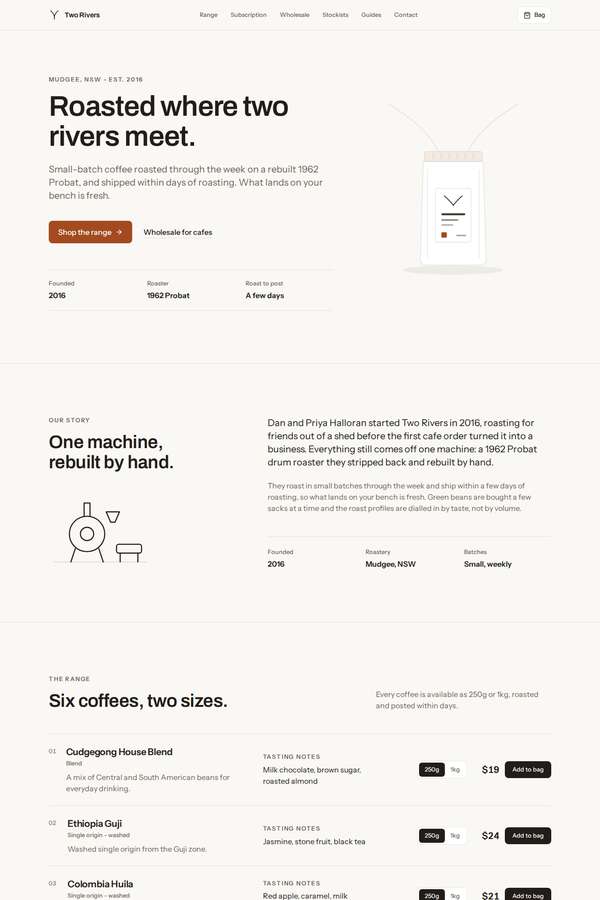kimi-k3 build of Two Rivers Coffee Roasters single-page site