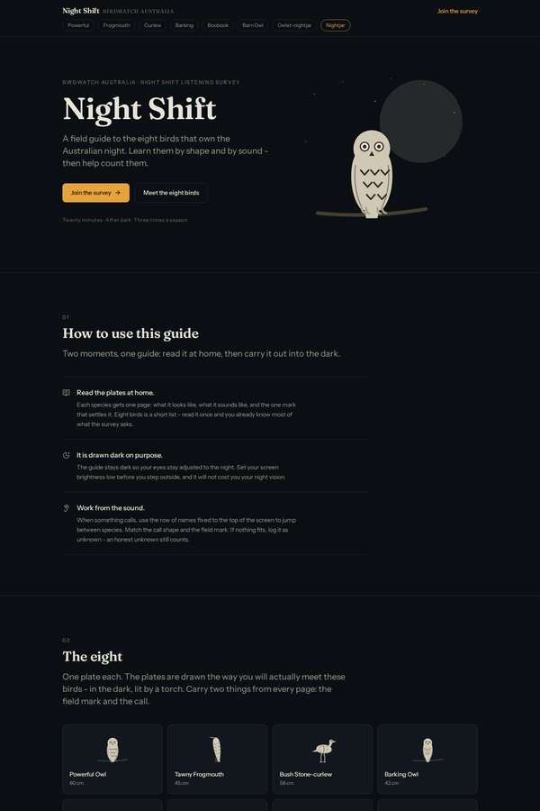 kimi-k3 build of Night Shift nocturnal bird field guide